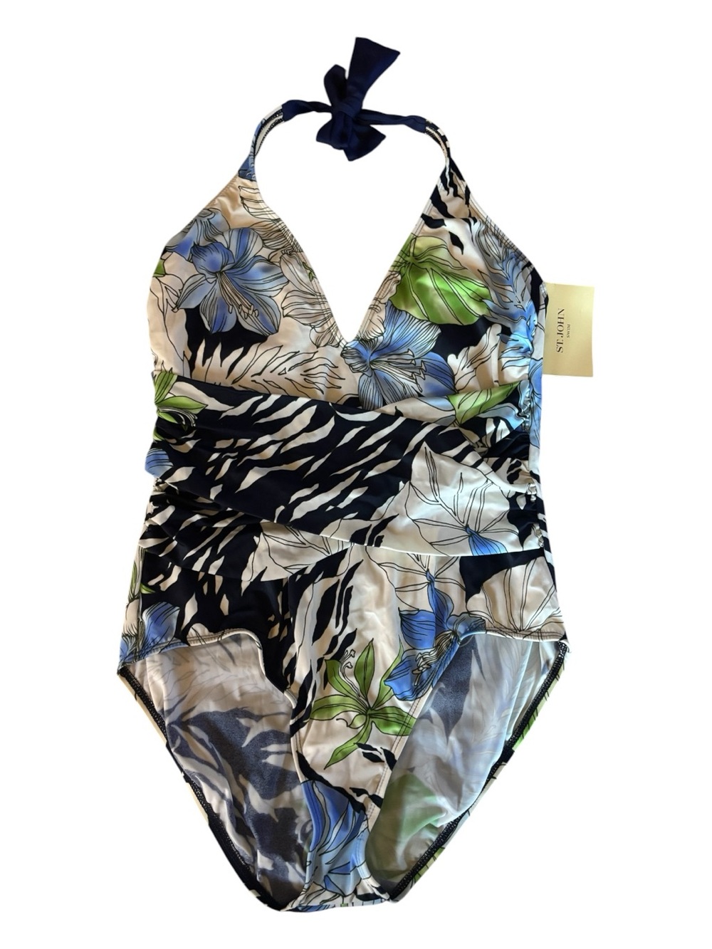 NWT St John Women’s Floral & Zebra Halter One-Piece Swimsuit Blue/Green/Black 12 - Picture 1 of 7